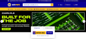 NAPA Auto Parts online store homepage, showing the registration lookup to find car parts, and menus for engine oils, batteries, wipers and tools